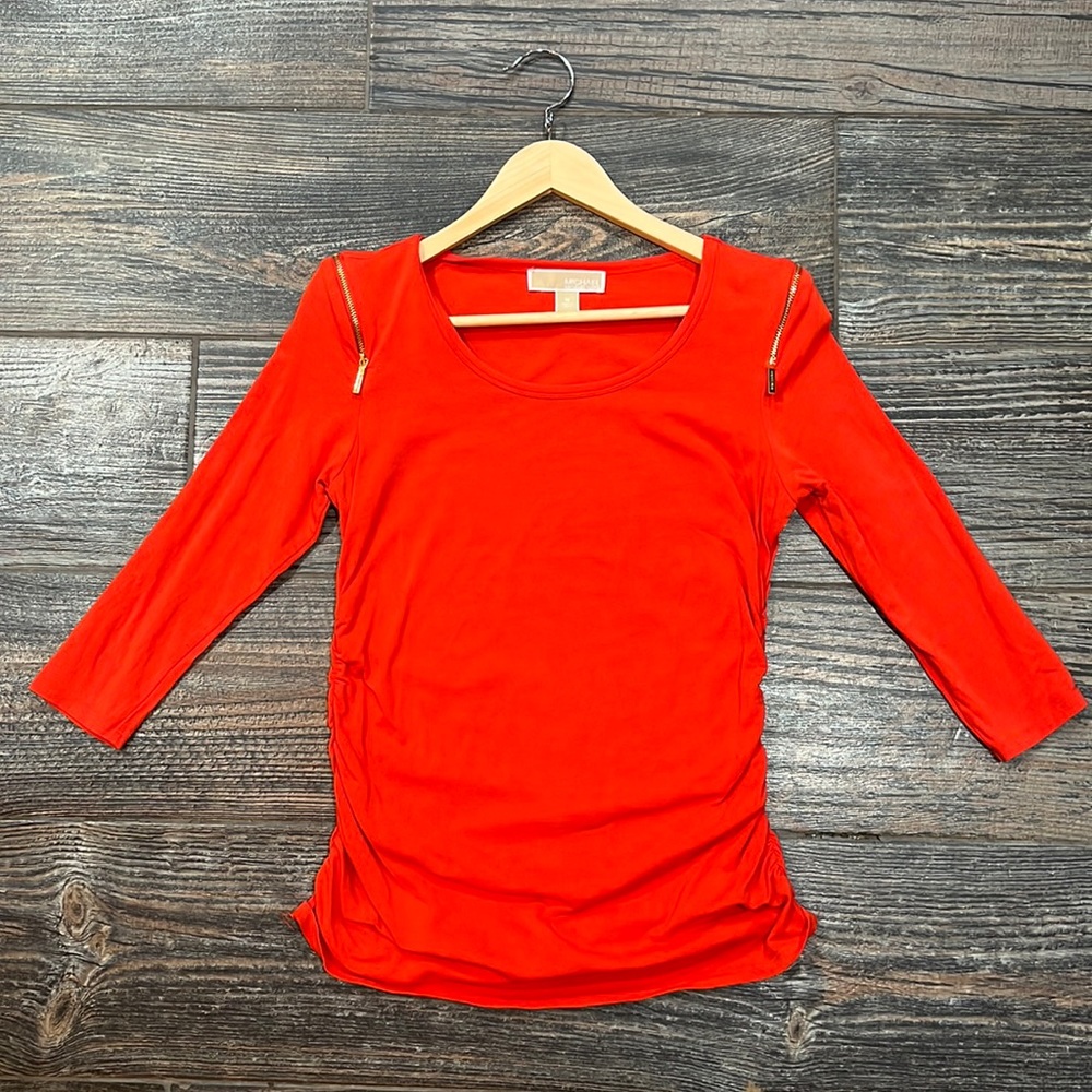 Michael Kors Red Ruched + Golden Zipper Shoulder Accents